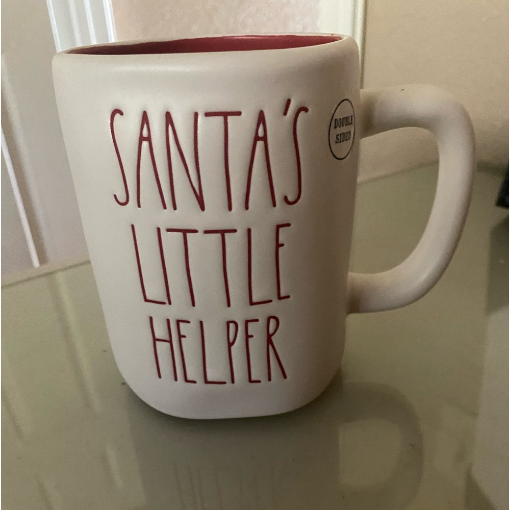 New! Rae Dunn Coffee Mug 2 Sided. White outside Red inside Santa’s Little Helper
